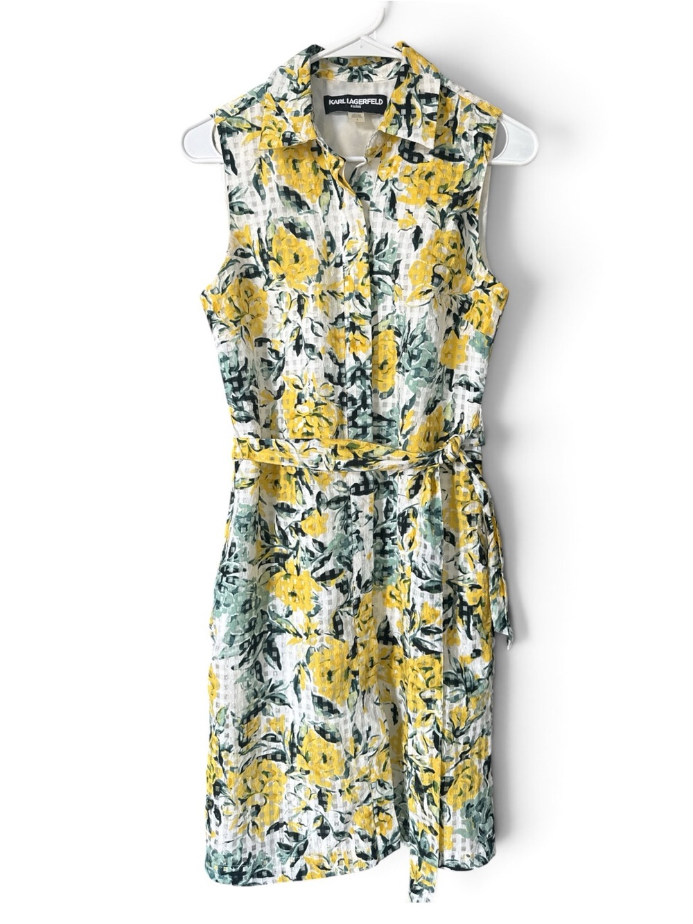 Karl Lagerfeld Yellow and Green Floral Tie-Waist Sleeveless Shirt Dress Size 2 - Picture 1 of 6